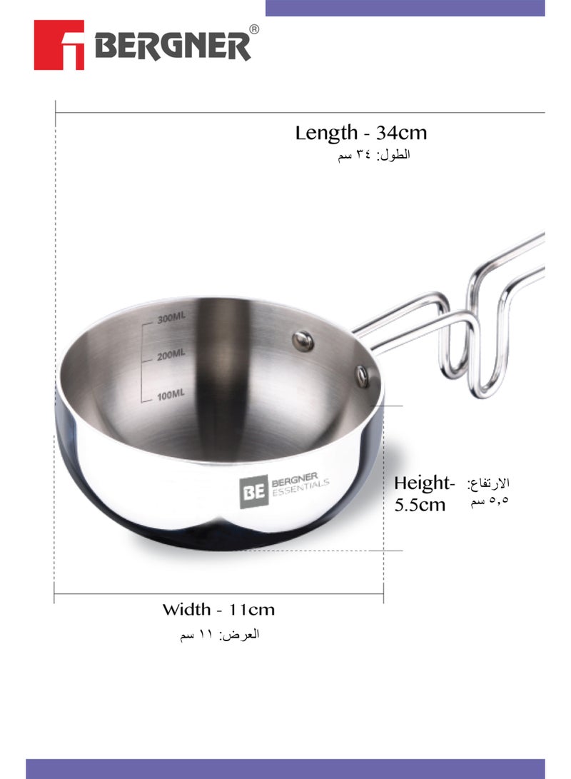 Bergner Essentials 10cm (300ml) Tri-Ply Stainless Steel Tadka Pan, Spice Tempering & Seasoning Mini Frying Pan with Long Wire Handle, Smooth Surface Cookware, Induction & Gas Stove Compatible - Image 2
